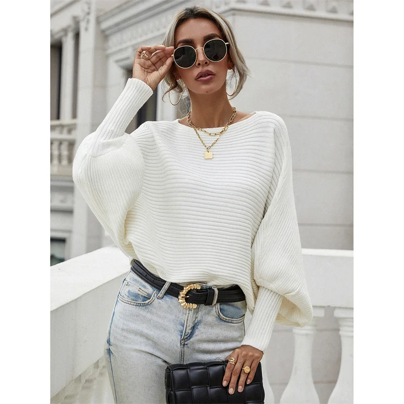 Round Neck Puff Sleeve Seamless Women Knit Pullover Womens Winter Sweater Batwing Sleeve sweater