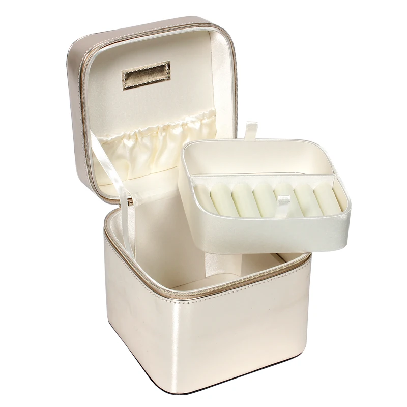 Lady Women PU Leather Portable Travel Brush Cosmetic Case Carry Handle Cosmetic Bag Storage Personalized Makeup Box Case