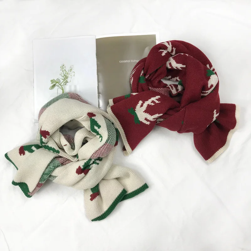 KQ-1049 Hot sale winter warm soft long jacquard scarf christmas deer knitted scarves new year gift
