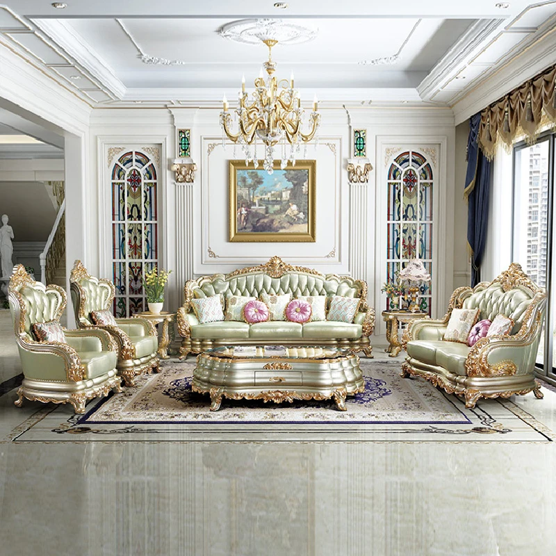 European solid wood leather sofa American double-sided carving luxury villa living room sofa combination 123 high-grade French