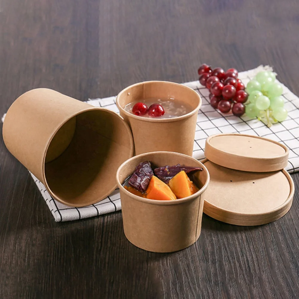 Custom disposable round Salad hot soup bowls food packing take away brown kraft paper soup cup with paper Lid