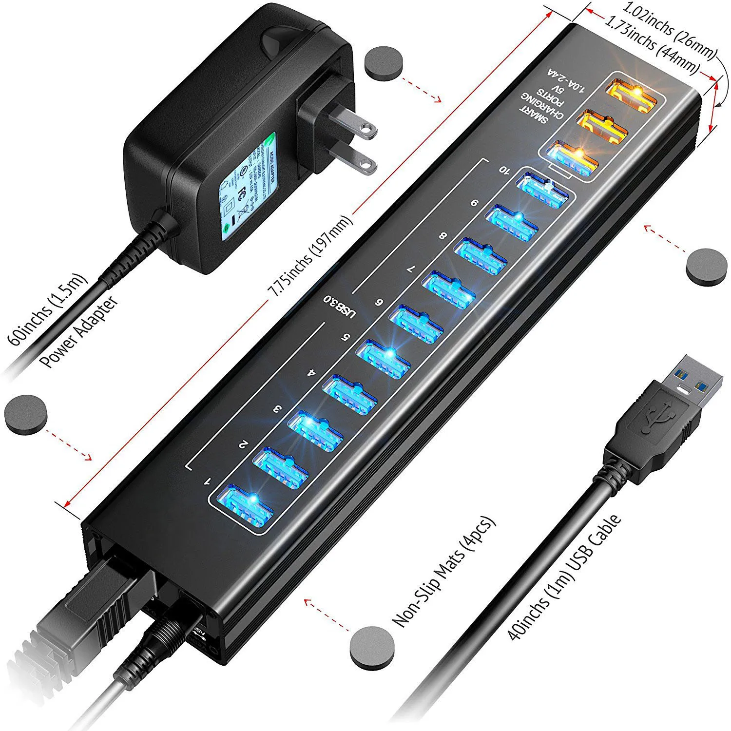 13-порт USB 3,0 концентратор с 10 портами USB 3,0 и 3 Смарт с двумя зарядными usb-портами с 5V 4A адаптер питания