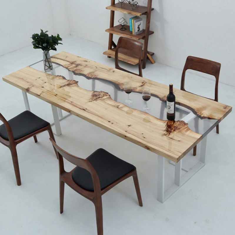 Home decoration luxury dining table on promotion available solid walnut wood epoxy resin river table