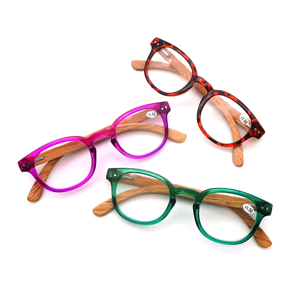 Custom logo unisex fashion round plastic wood reading glasses