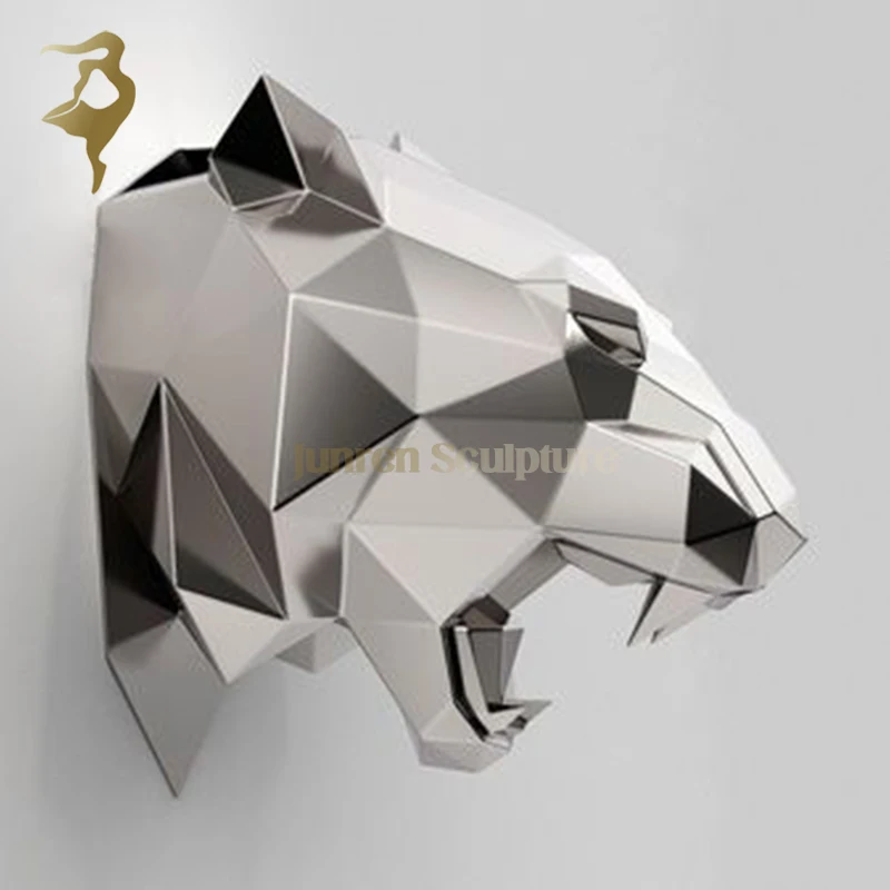 Wall indoor decorative metal 3d art animal statue stainless steel tiger head sculpture