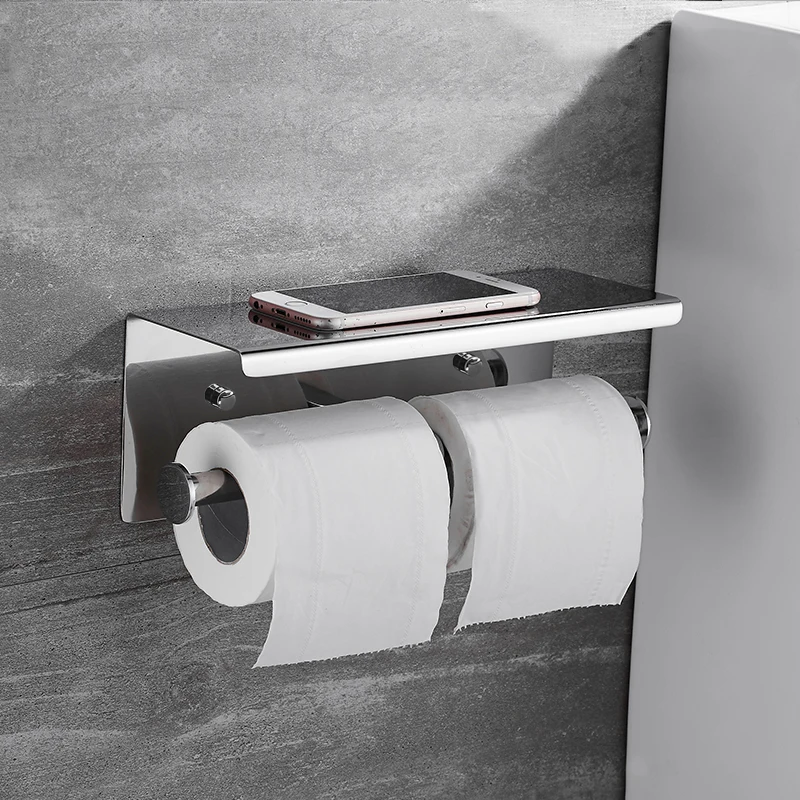 Bathroom stainless tissue roll double toilet paper holder with shelf
