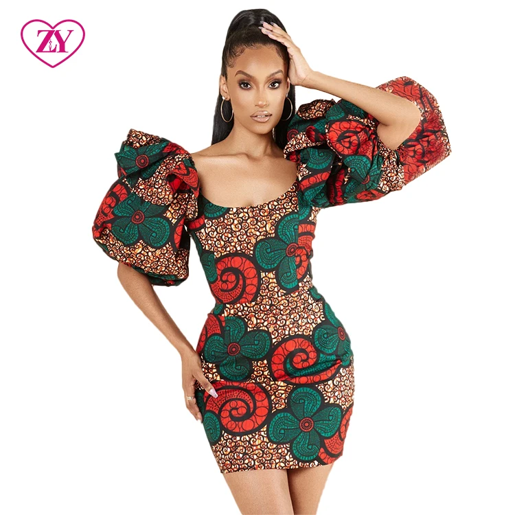 African Women Clothing Mini Styles Designs Large Puffy Sleeves African Print Casual Dress