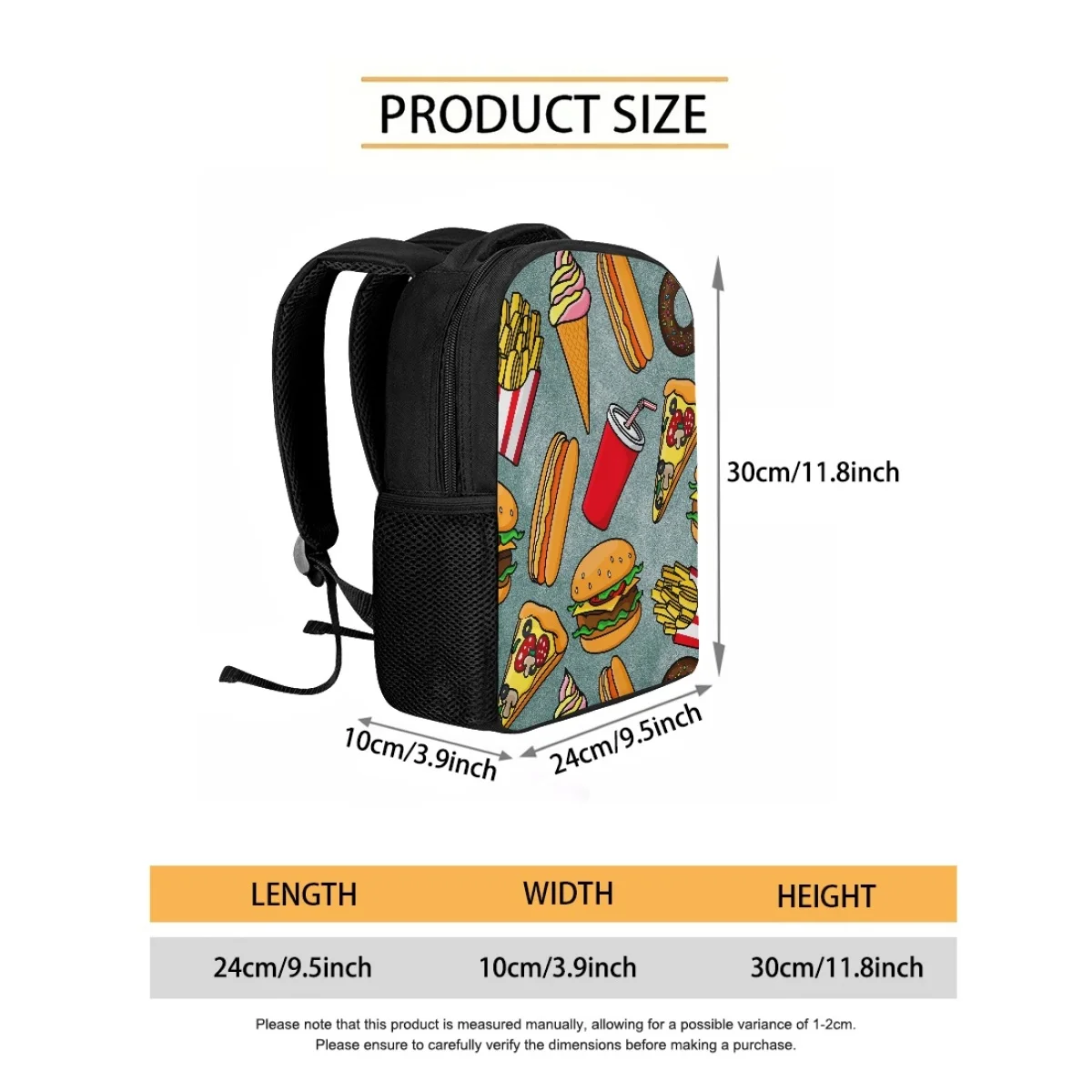 Wholesale Custom Burger Coke pizza doughnut ice cream picnic elemens Pattern 12 inch Student Multifunctional waterproof Backpack