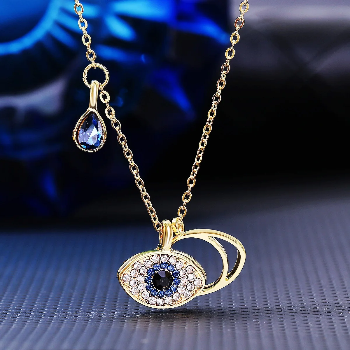 Wholesale Turkish Ethnic Style 18k Gold Plated Crystal Blue Evil Eye Pendant Necklace Jewelry For Women