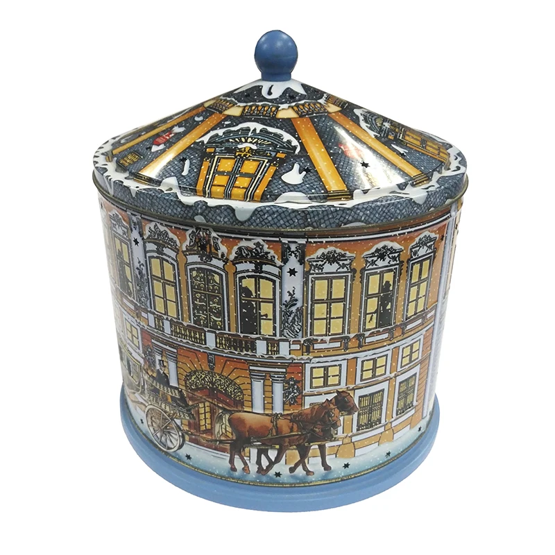 Lovely Carousel Round Shape Cartoon Image Christmas Empty Metal Package Gift Music Tin Box