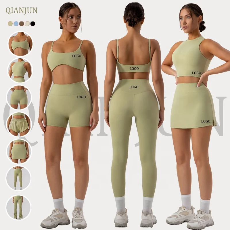 7 Piece Gym Clothing For Women Yoga Set Fitness Vest Crop Top And High Waist Leggings Workout Skirt Yoga Set