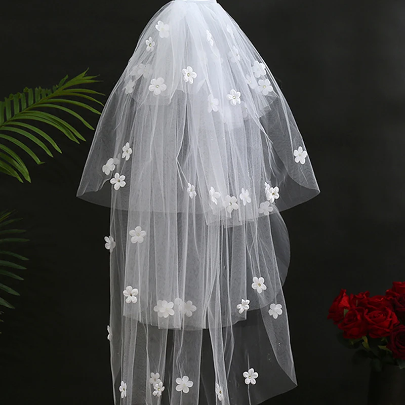 Bridal Veil 3d Flower Pearl Line Cathedral Wedding Veil Ivory Ribbon Comb Long High Quality Veil
