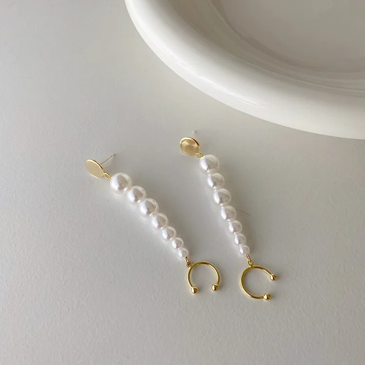 925 Silver Needle Pearl Hoop Earring Imitation Ear Cuff round piece light luxury