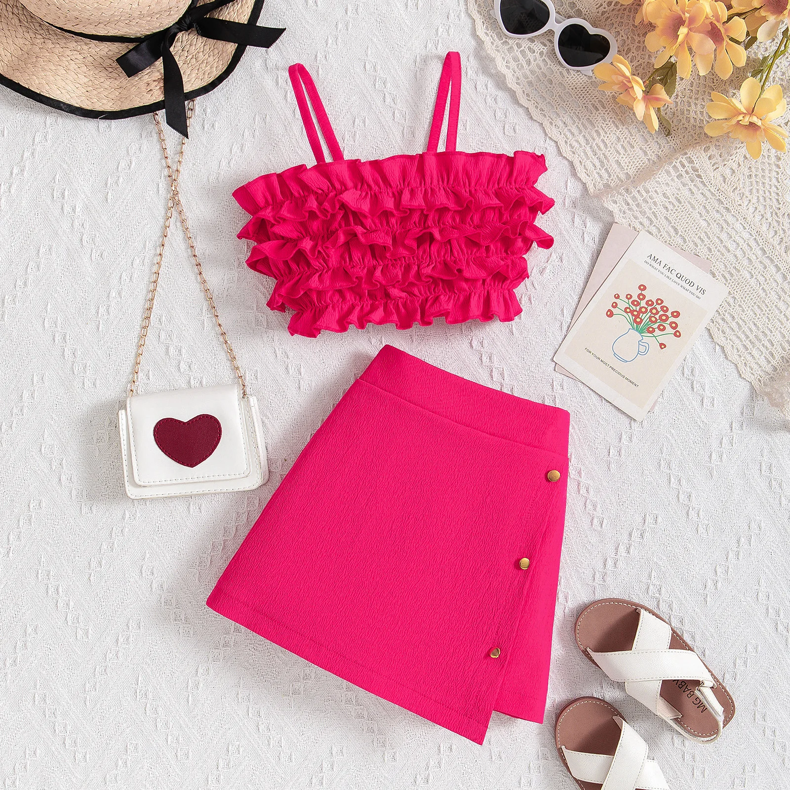 2024 RTS  summer Girls hot Pink Frill Halter Top With Shorts skirt  And Belt 2 Pcs Set