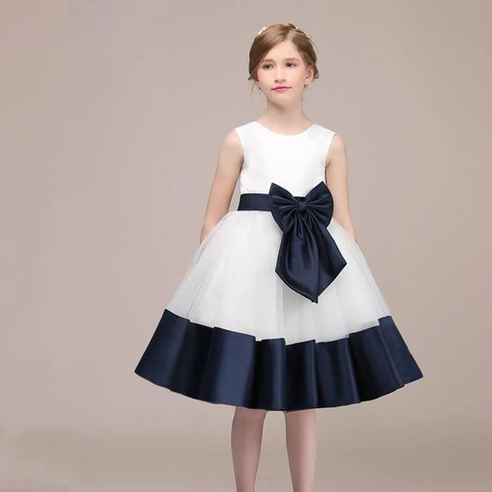 navy bow belt girls dresses white flower girl dresses