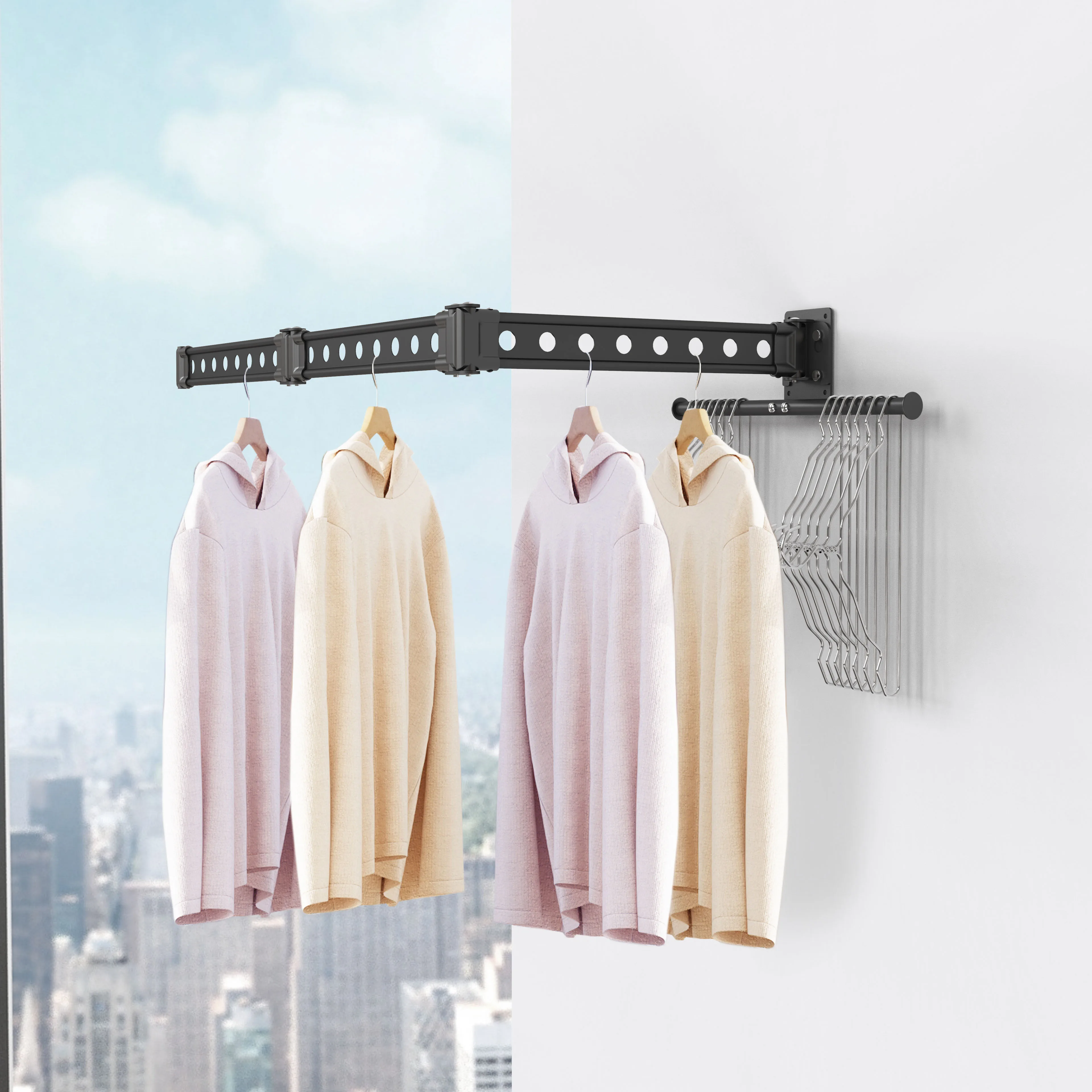 Wholesale Collapsible 8 Hole Wall Mounted Hanger Rack Balcony Wall Mounted Folding Laundry Rack Space Saver Clothes Drying Rack