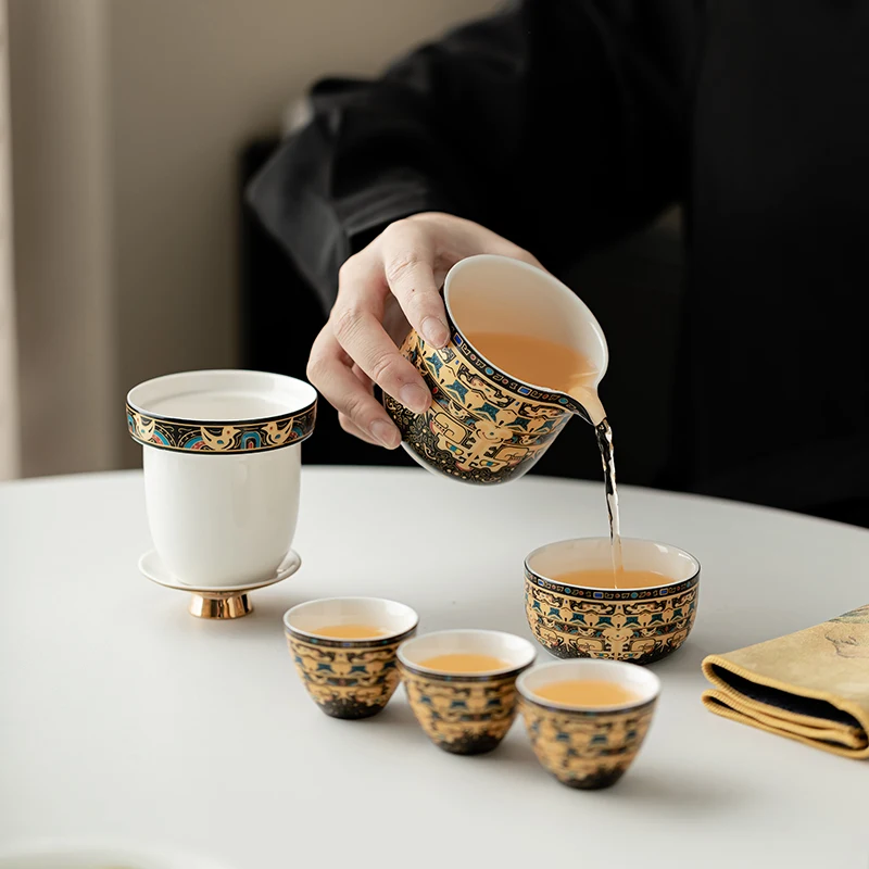 Retro Ceramic Thangka Travel Tea Set Portable Quick Cup Filter with Pot and Four Cups for Car Outdoors