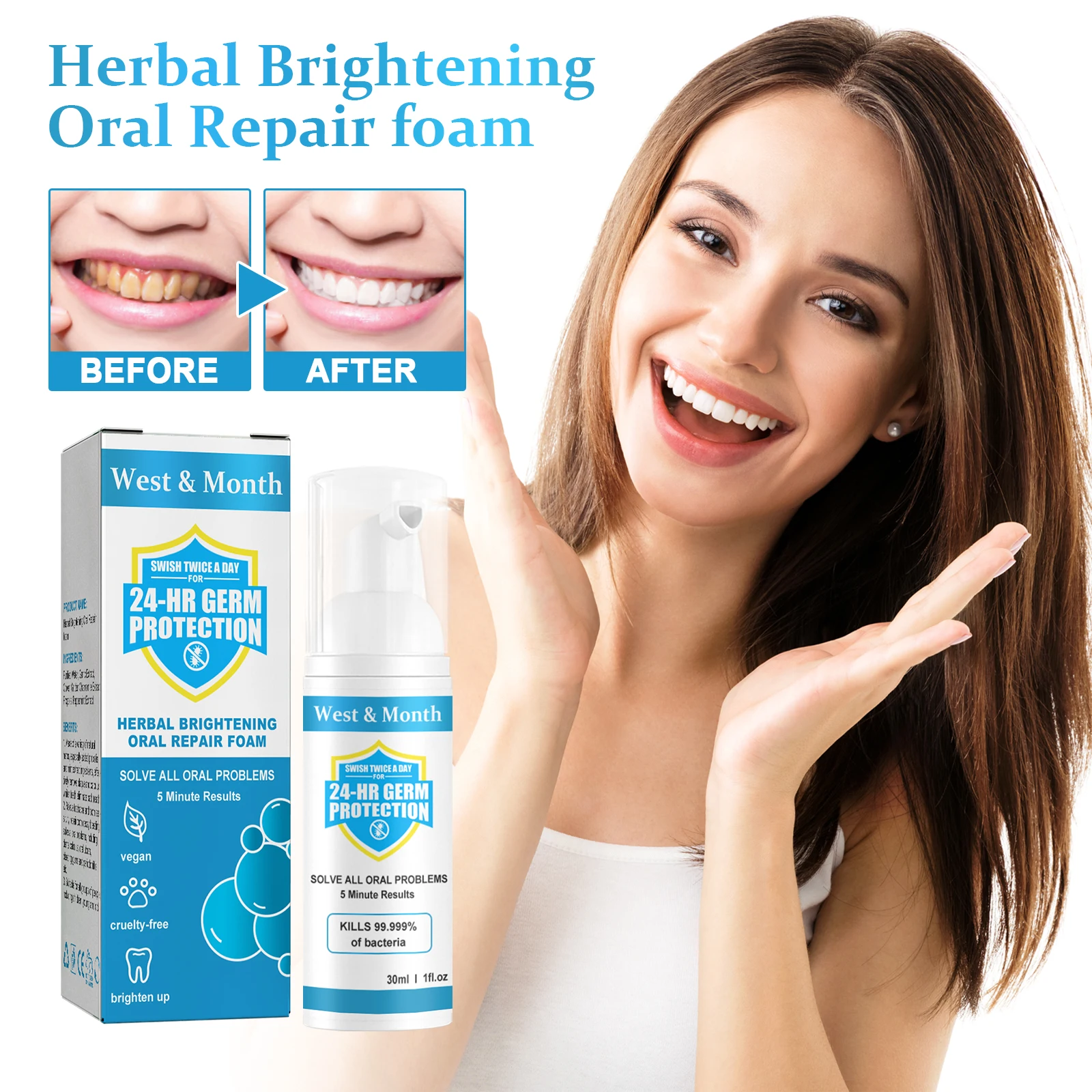 West&Mouth Herbal Brightening Oral Repair Foam Toothpaste Natural Herbal Plant Fresh Breath Oral Mousse Toothpaste