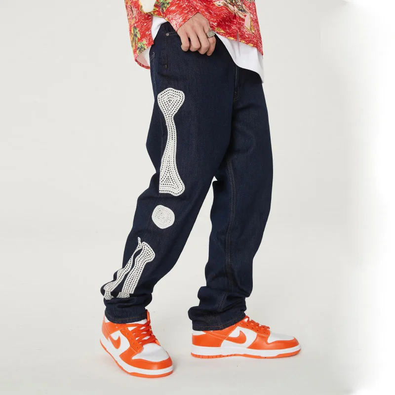 street wear custom hiphop baggy distressed fashion men rhinestone jeans