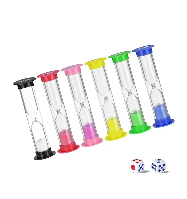 Wholesale 1 2 3 4 5 minute colorful plastic sand timer hourglass for kids toy and board game sand clock and dice