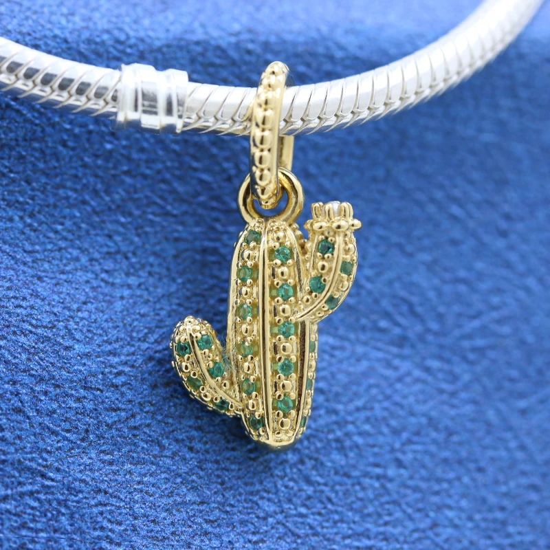 2022 Summer New S925 Sterling Silver Gold Shiny Desert Cactus Pendant Beads Gift for Women Charm Bracelet