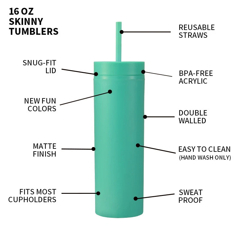 16oz 480ML Matte Pastel Colored Straight Skinny Persnoalized Acrylic Wine Plastic Water Bottle Tumbler Cup With Lid and Straw