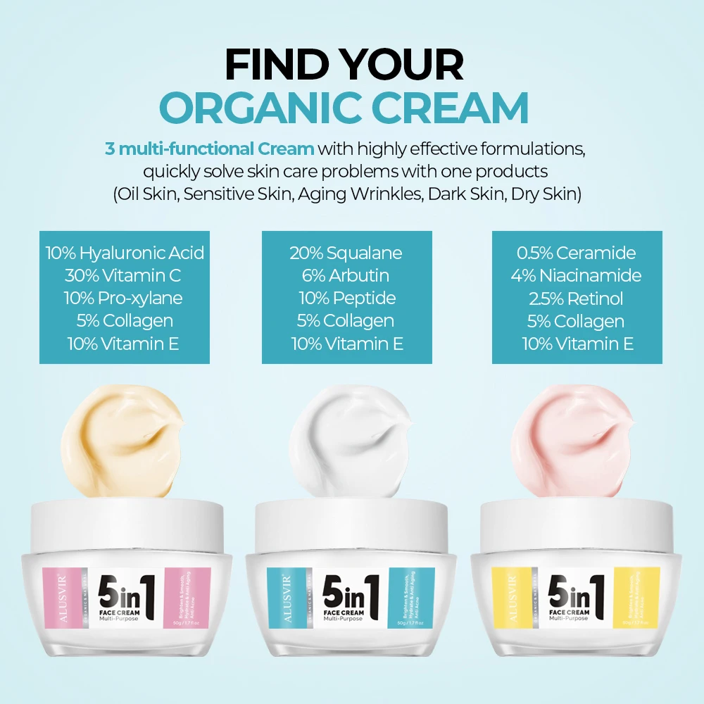 5 in 1 Face Cream Natural Skin Care 10% Hyaluronic Acid 30% Vitamin C 10% Pro Xyline 5% Collagen Whitening Face Cream for Women