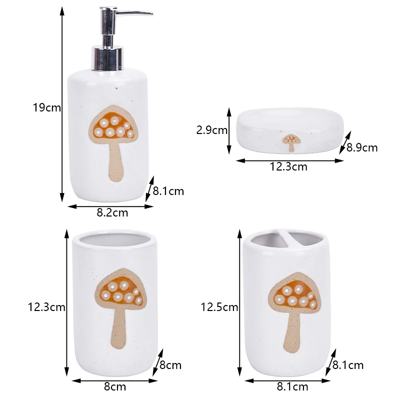 Redeco New Arrival Mushroom Toiletries Set White Soap Dish Toothbrush Holder Soap Dispenser Set Ceramic 4 Piece Bathroom