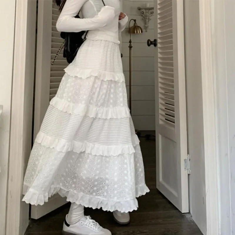 Women White Lace Skirts High Waist A-line Simple Cake Dress Multilayer Ruffles 2024 Spring Summer Ladies Elegant Pleated Skirts