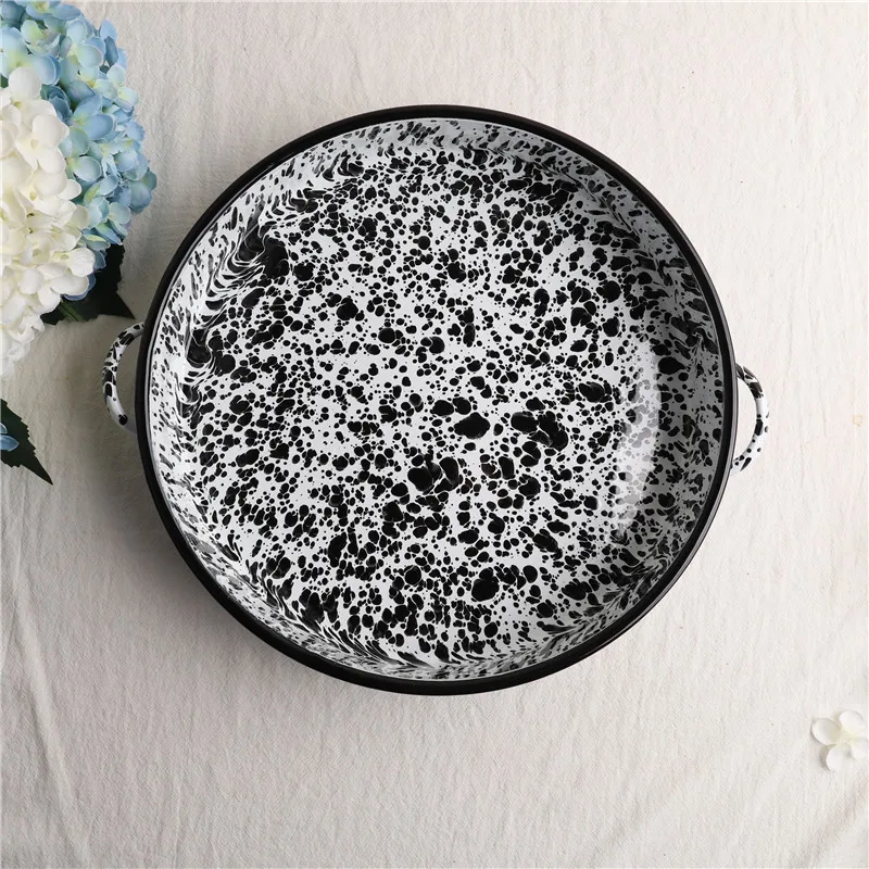 24/26/28/30/32/34/36/38/40cm Enamel Pizza Pie Pan Plate Dish Plate Enamel Cookware Marble Speckles Enamel Frypan Fire Directly