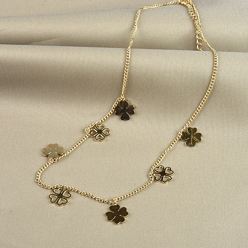 Stainless steel necklace super fairy temperament trend four-leaf clover 14K gold necklace cold wind pendant