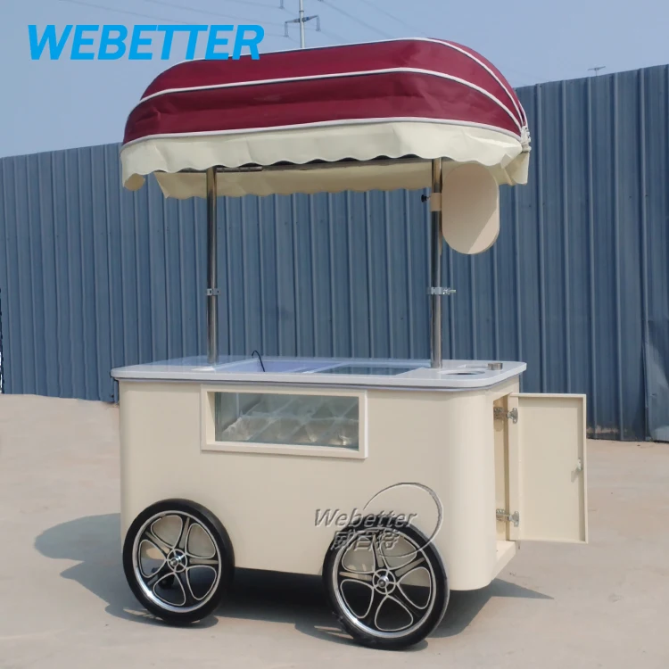 WEBETTER Hand Push Coffee Cart Street Small Ice Cream Cart Outside Gelato Display Freezer Cart For Sale