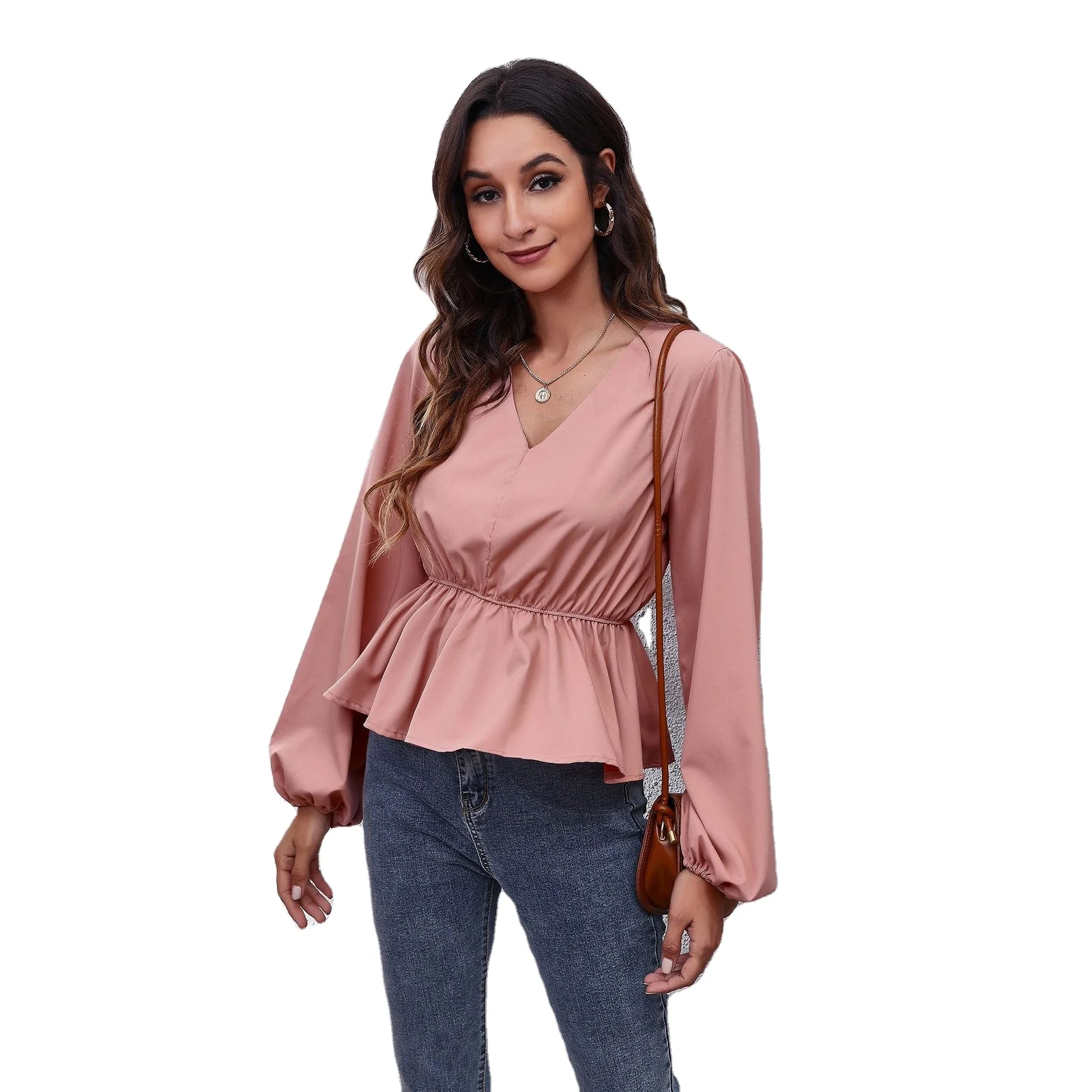 Bulk wholesale women clothing autumn lantern sleeve chiffon shirt for ladies Solid color waist V-neck long sleeves blouse 2022