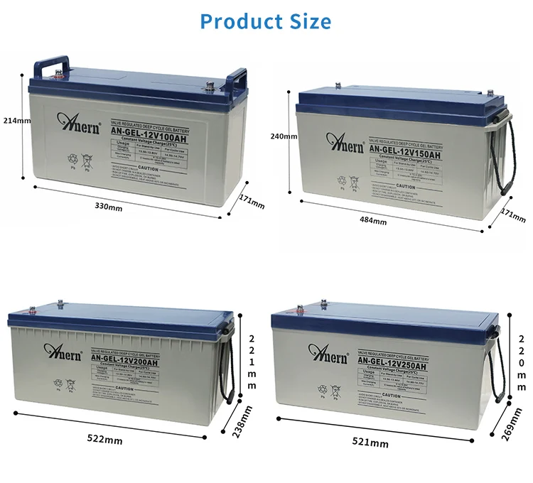 Anern 12v 24v 48v 100ah 150ah 200ah 250ah gel lead acid solar battery