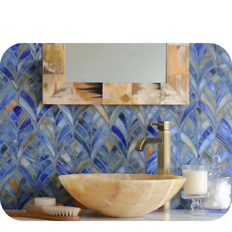 Blue Water Jet Stained Unique Glass Mosaic Tile For Bathroom