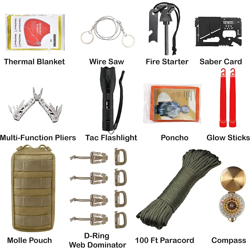 New Upgrade Emergency 125 pcs Essential Survival Gear kit Wilderness Camping Adventure Earthquake Hiking Backpack First Aid kits