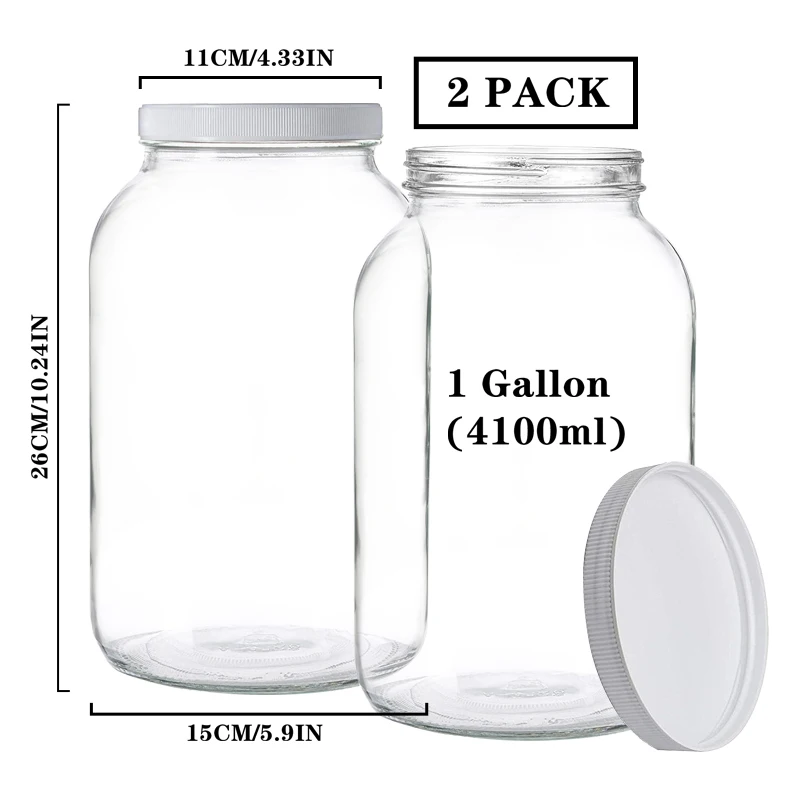 1 Gallon Glass Jar with Lid Wide Mouth Large Mason jars 128 oz Leak Proof Airtight Metal Lid and plastic lids