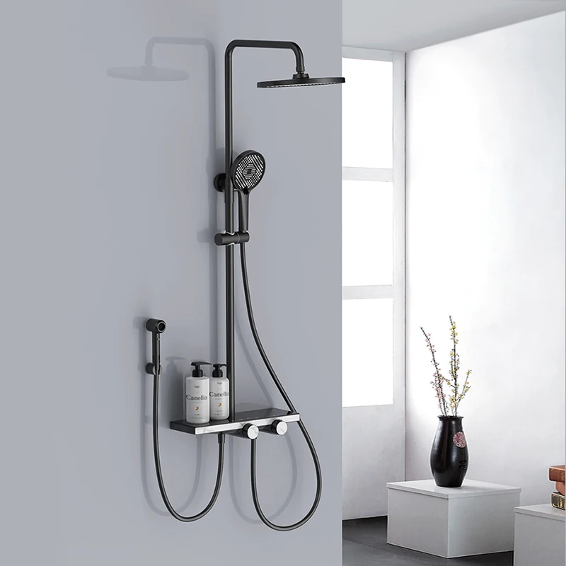 Matte Black Exposed Mounted Modern Luxury Top Spray Shower Piano Key Thermostatic Mixer Shower Faucet