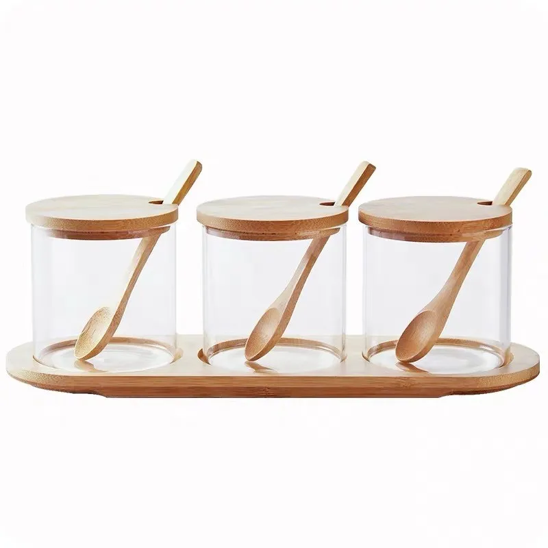 Kitchen creative high borosilicate glass bamboo wood cover seasoning pot MSG salt pot three-piece set of combination