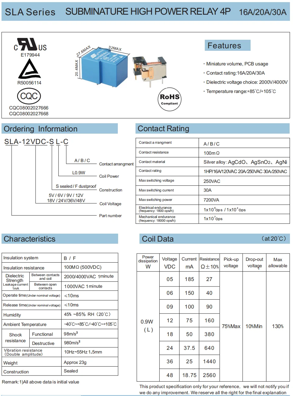 SLA-12VDC-SL-C 4PIN  6 PIN 16A 20A 30A T90 SONGLE New Original In stock power relay