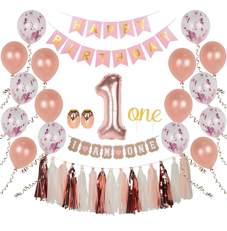 First Birthday Girl Decorations 1st Smash Cake Fun Party Set pink banner for birthday party