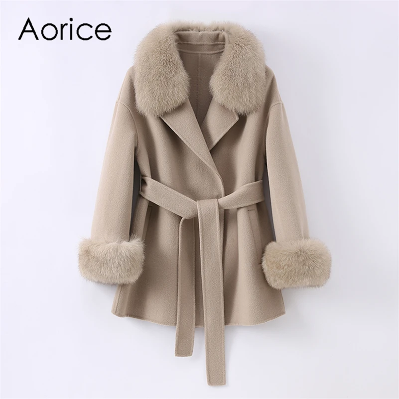 Women Winter Real Fox Fur Coat Jacket 2021 Female Lady Over Size Wool Blends Parka Trench Cape Z21182