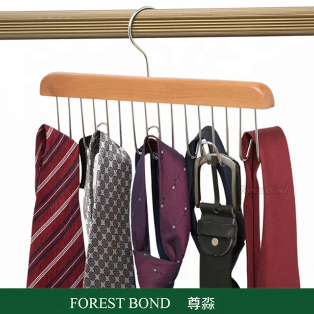 multiple hooks clothes hanger wooden belt storage rack