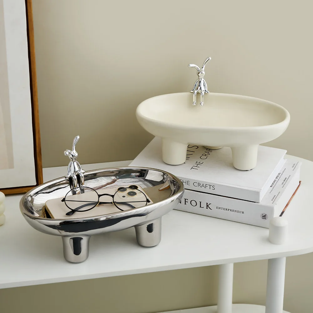 Creative Animal Ceramic Storage Tray Home Decoration Desktop Storage Ornaments Rabbit Bear Statue Bedroom Cosmetic Key Container