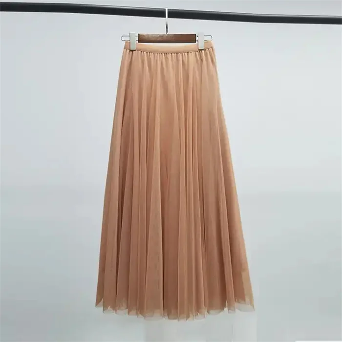 Long Tulle Skirt Women Summer New Gradient Korean Elegant High Waist A-line Pleated Sun School Midi Skirt Female