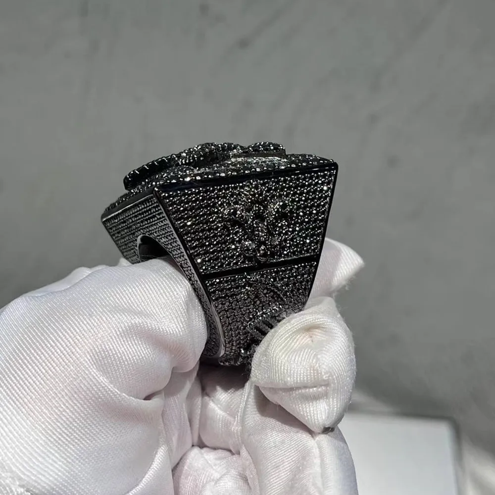 Custom Heavy S925 Sterling Silver Iced Out Black Hip Hop Moissanite Men Ring