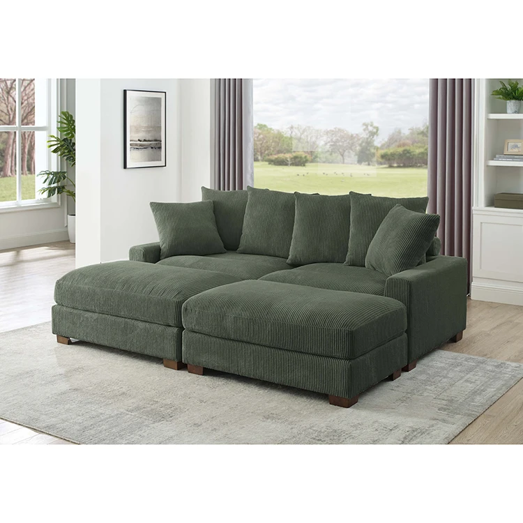 Modern Deep seated Reversible Design Velvet 2 Seater L shape Sofas With 2 Ottomans