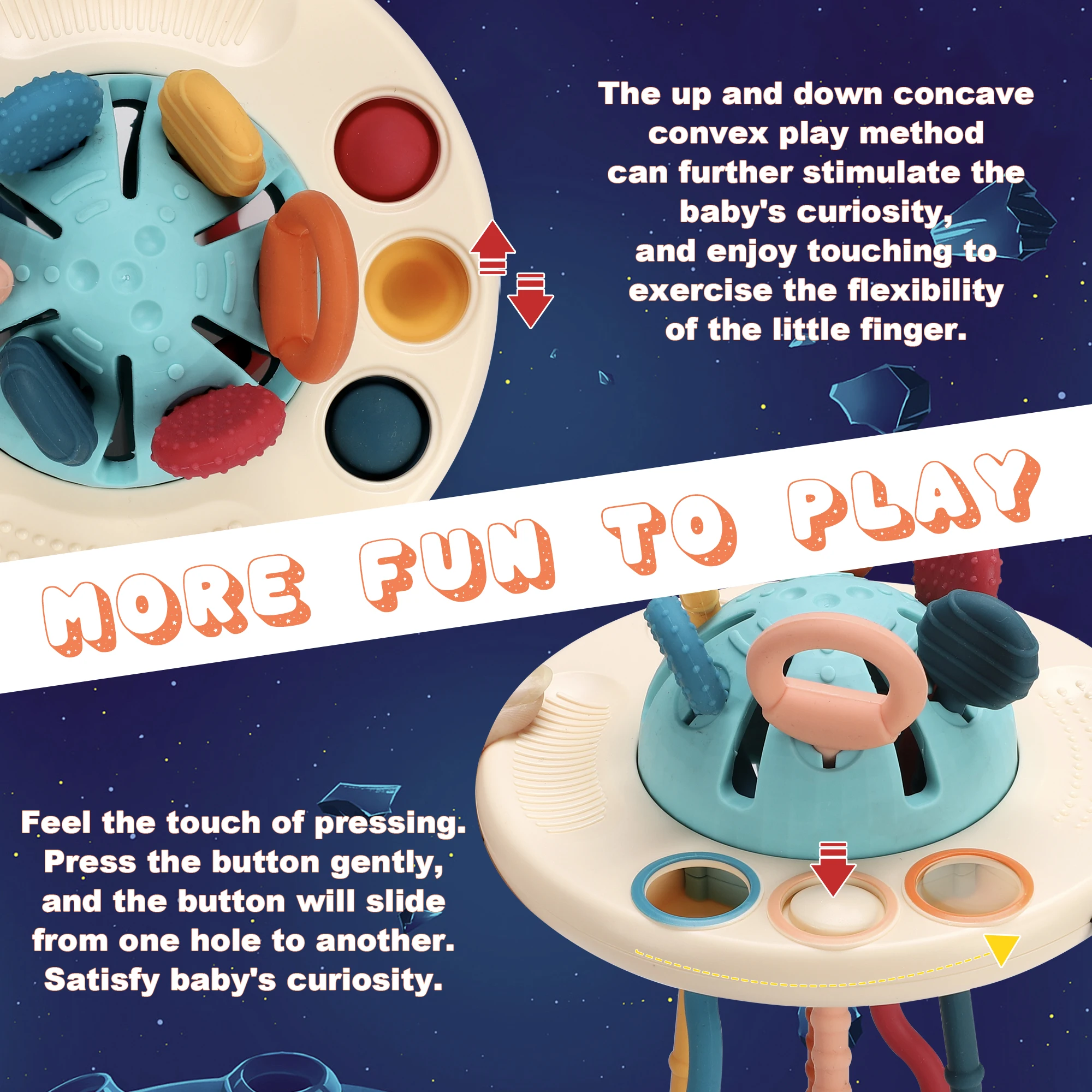 Fast Delivery Finger Activity Sensory Training Educational Baby Soft Teether Food Grade Chew Silicone Pulling String Toy