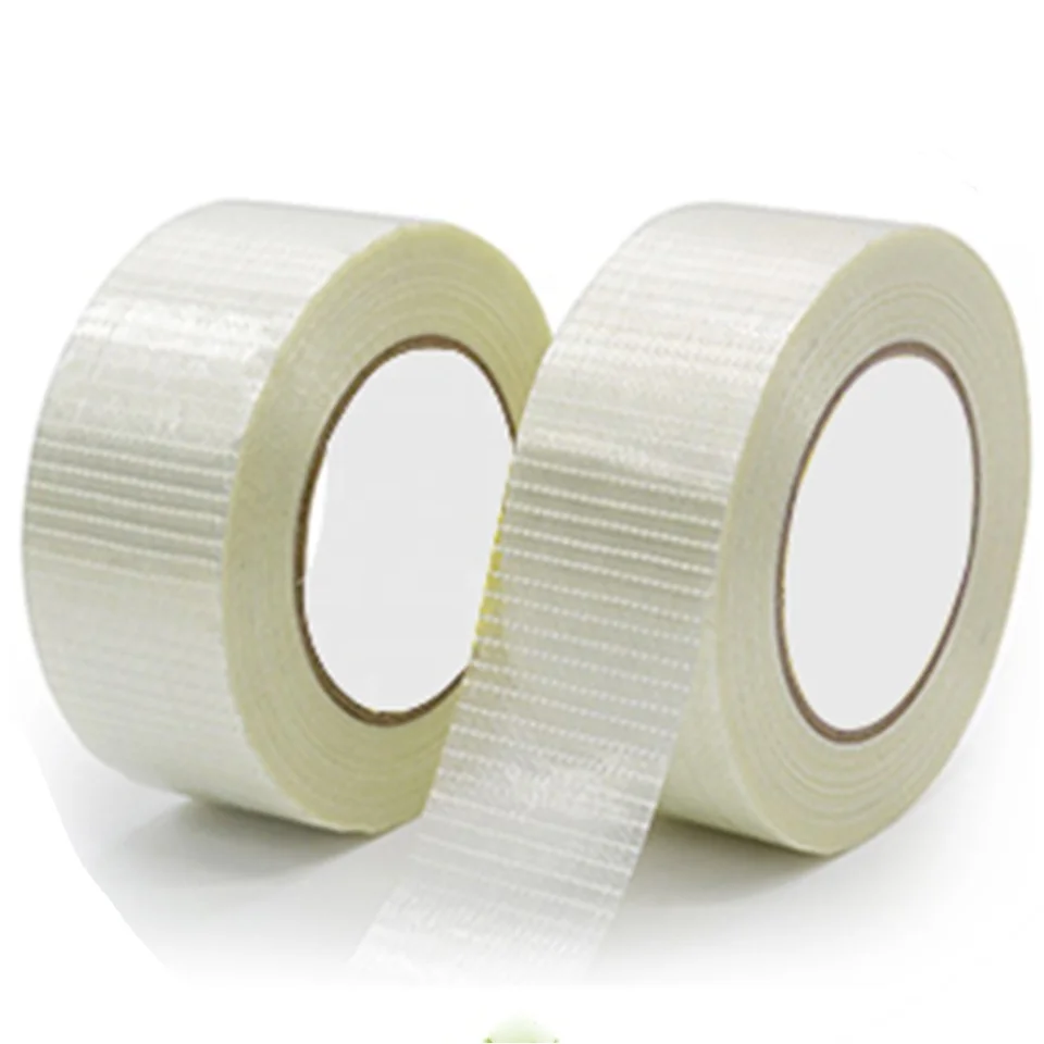 High tensile strength adhesive cross-weaved fiber glass reinforced filament packing tape