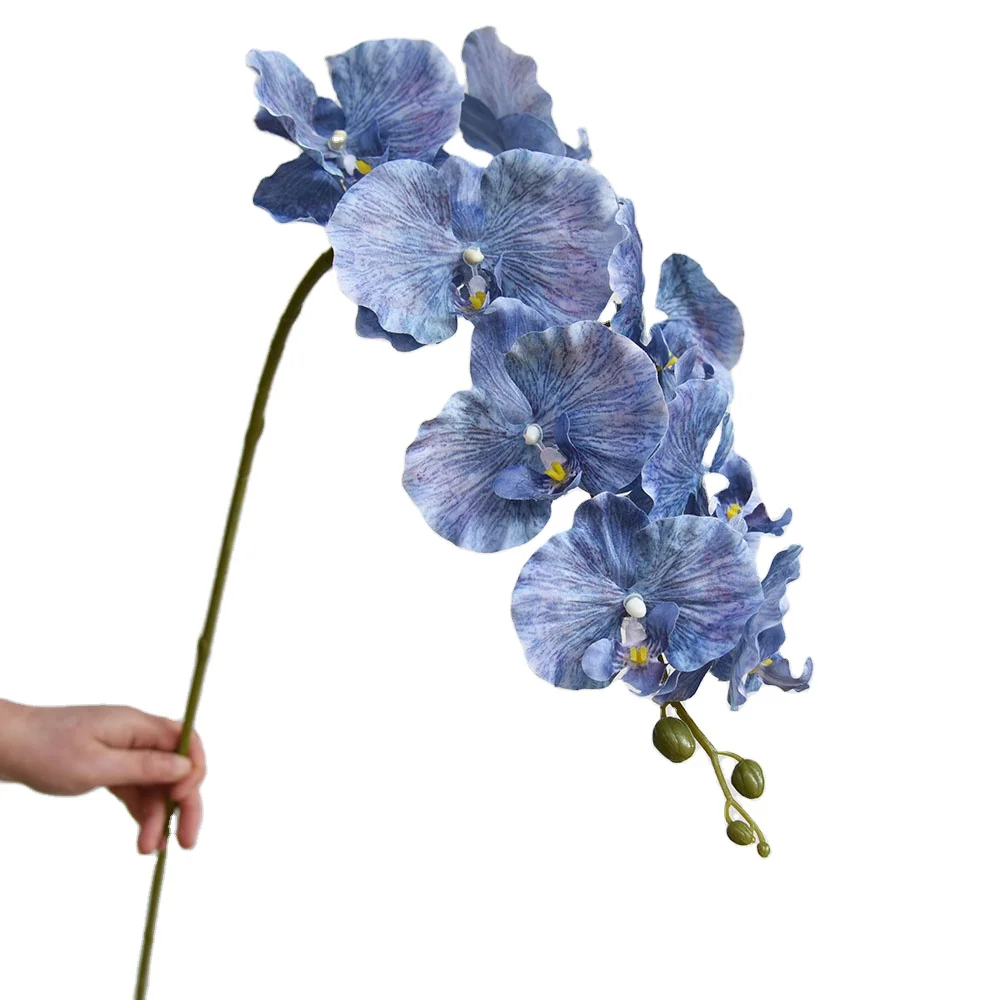 Blue Artificial Flowers Phalaenopsis Amabilis European Moth Orchid Flower with 9 Flower Heads for Wedding Party Home Hotel Decor